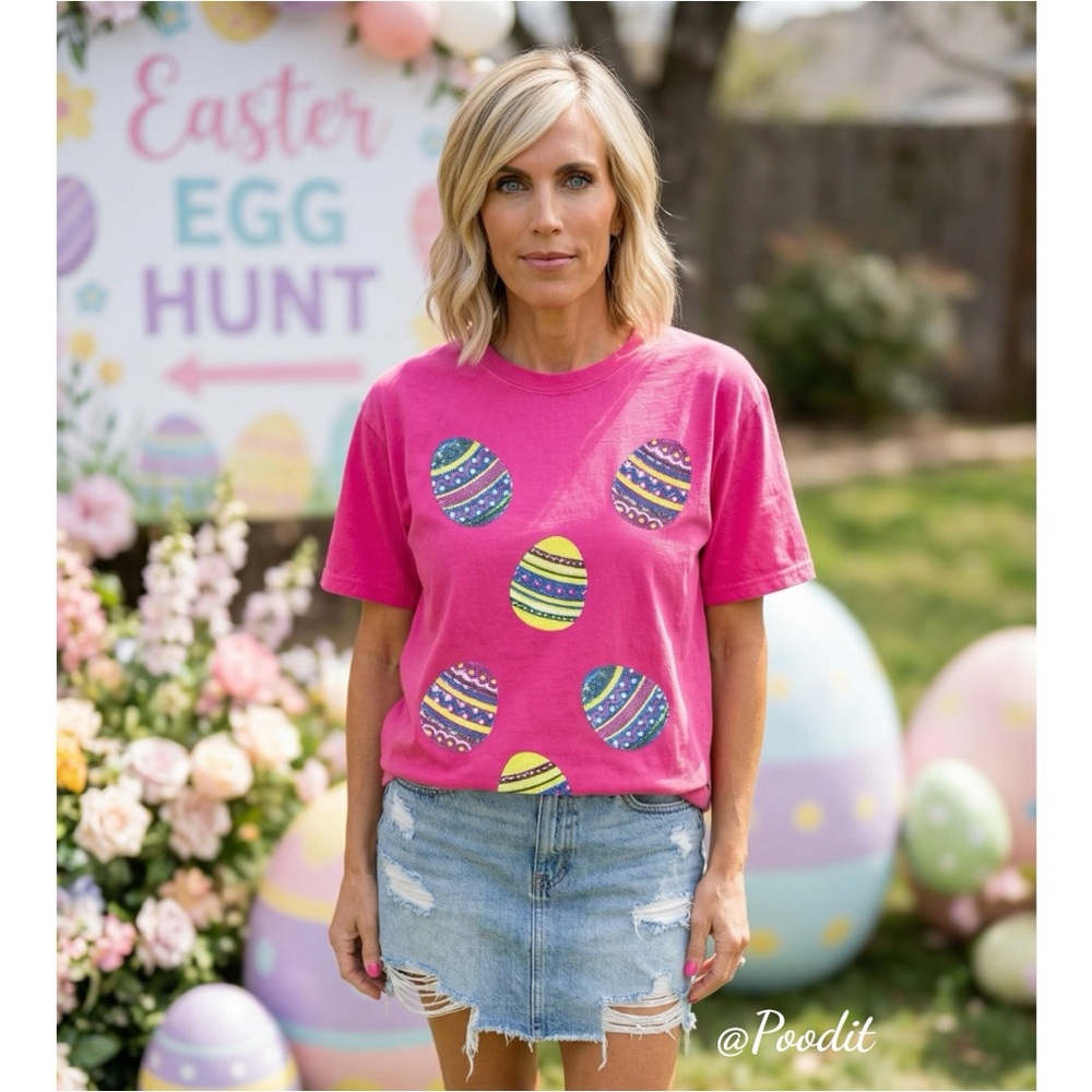 Sequin Easter egg loose fit holiday tee S M L XL 2XL